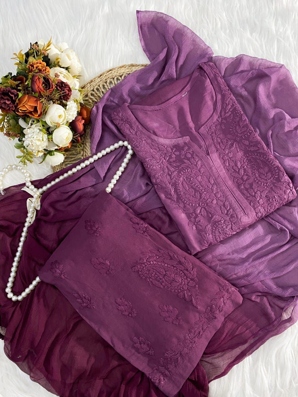 Purple Ombre Handcrafted Lucknow Chikankari Rayon 3-Piece Set Plus Sizes