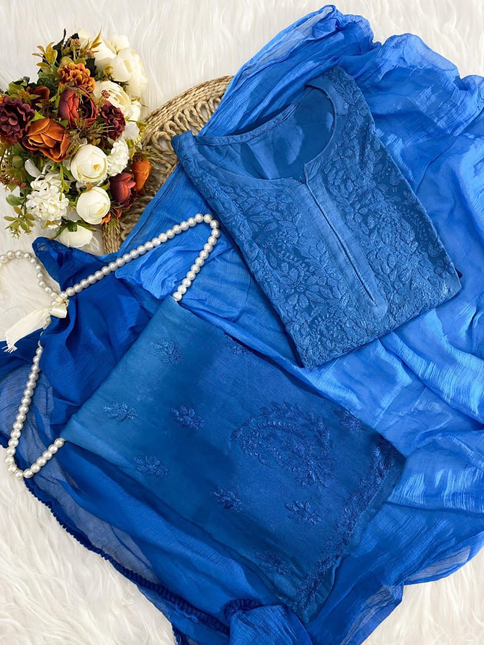 Blue Ombre Handcrafted Lucknow Chikankari Rayon 3-Piece Set Plus Sizes
