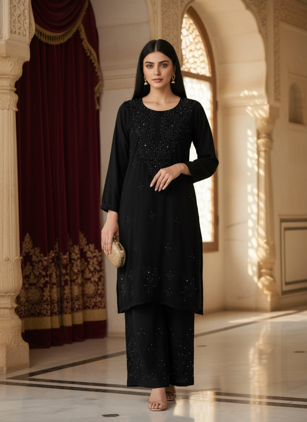 Black Handcrafted Lucknowi Chikankari & Mukaish Work Rayon Set