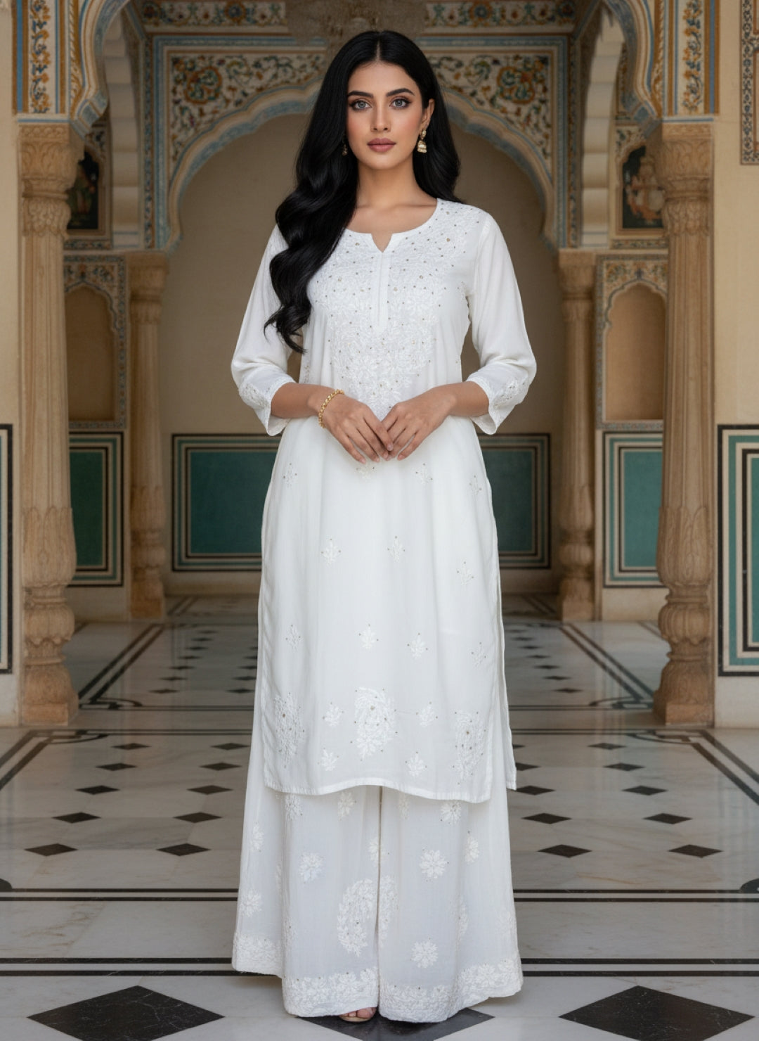 White Handcrafted Lucknowi Chikankari & Mukaish Work Rayon Set