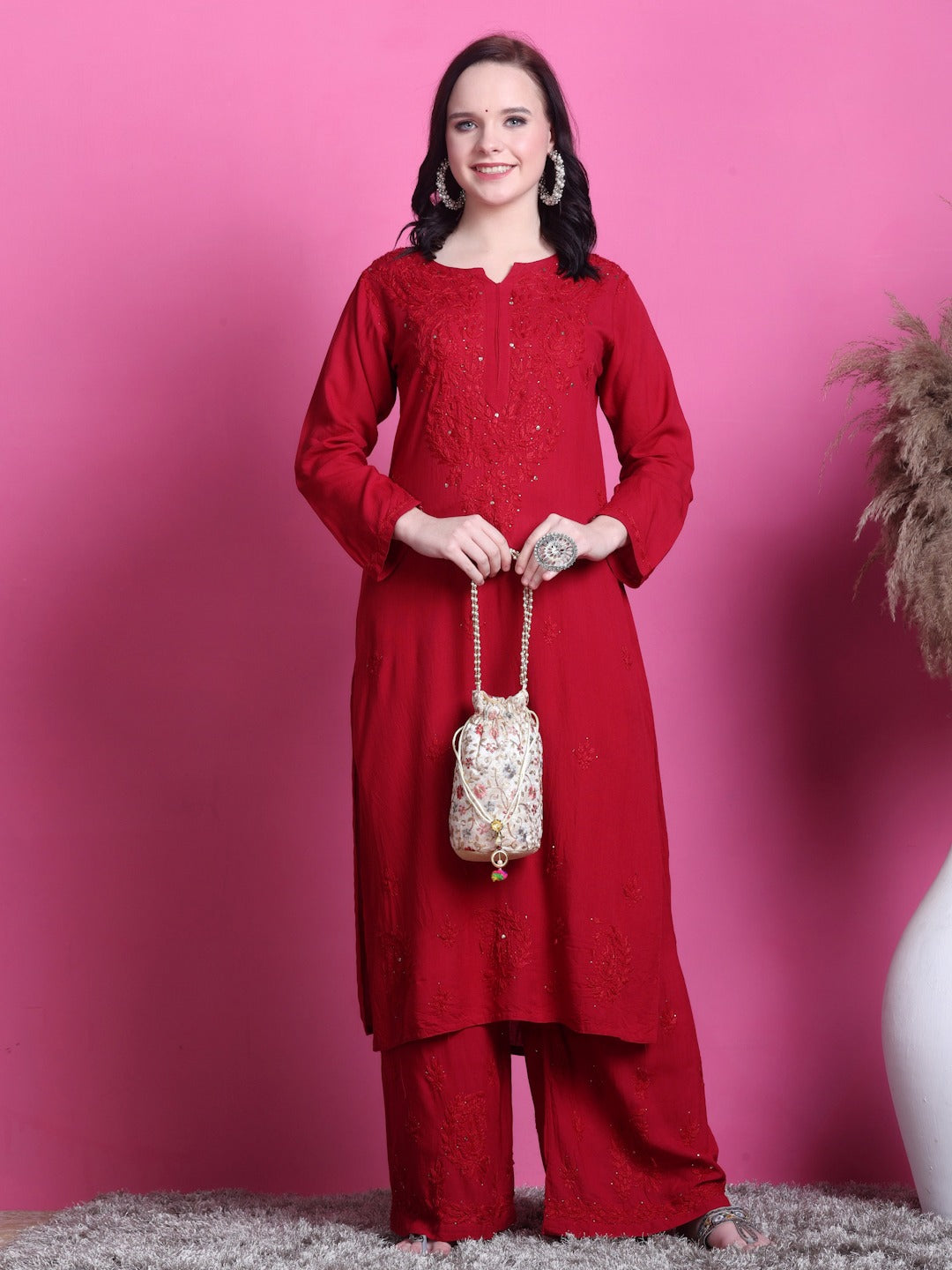 Red Handcrafted Lucknowi Chikankari & Mukaish Work Rayon Set
