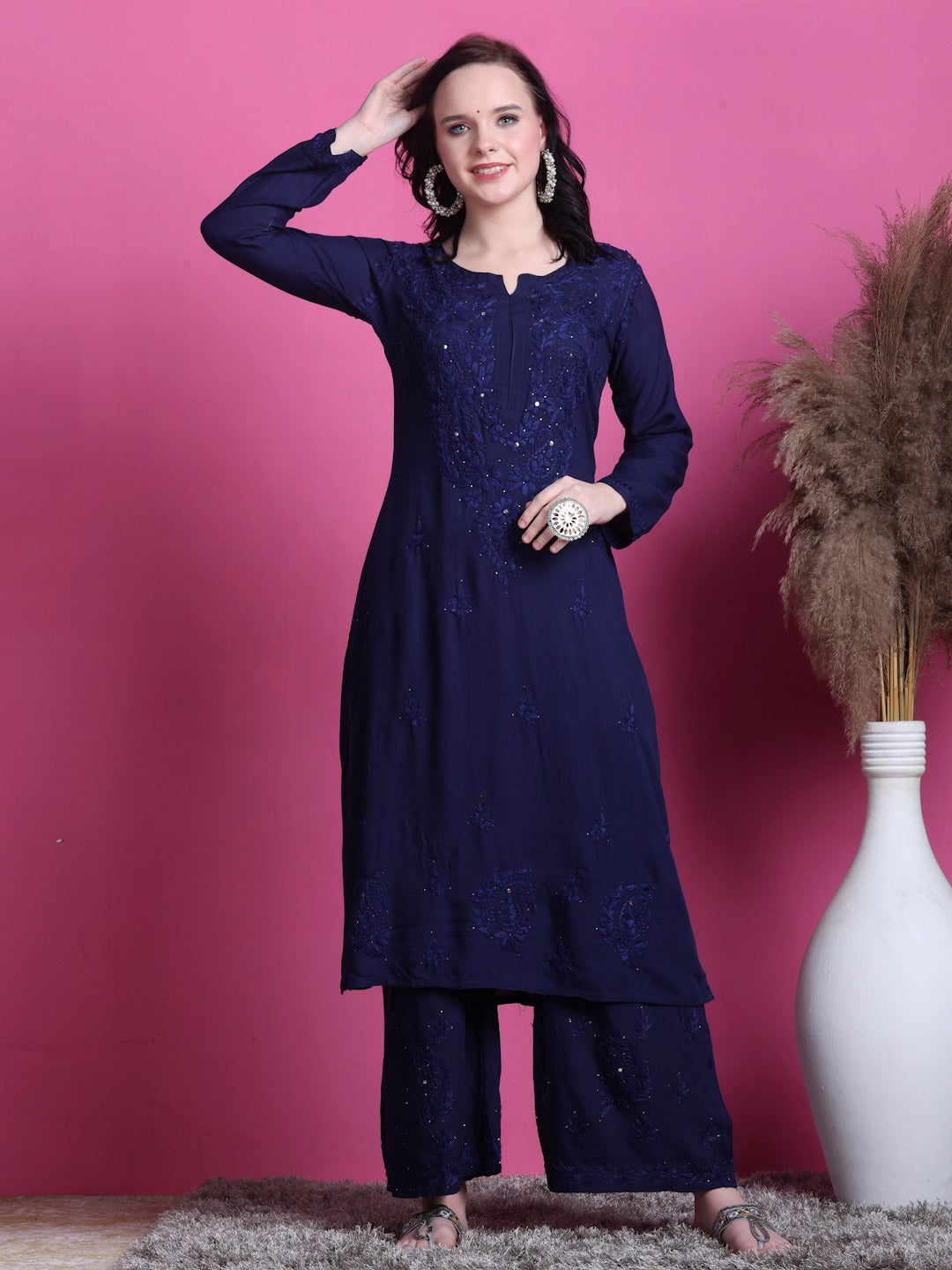 Navy Blue Handcrafted Lucknowi Chikankari & Mukaish Work Rayon Set
