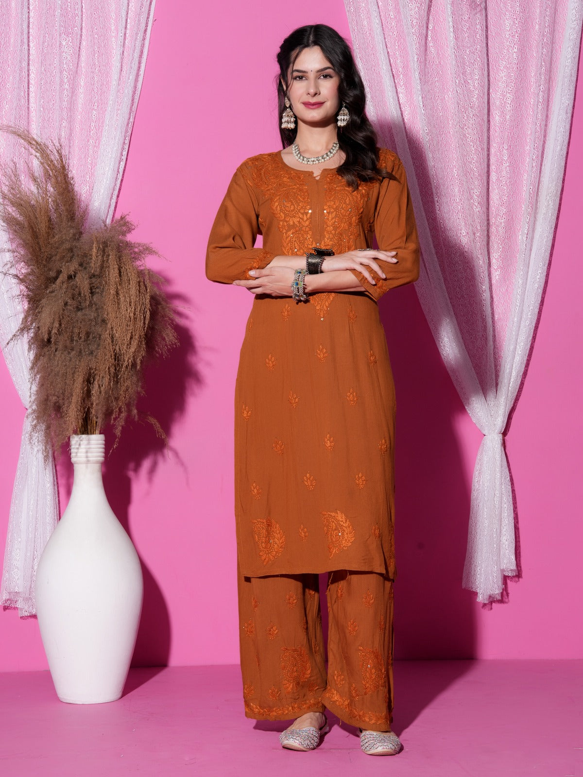 Brick Red Handcrafted Lucknowi Chikankari & Mukaish Work Rayon Set