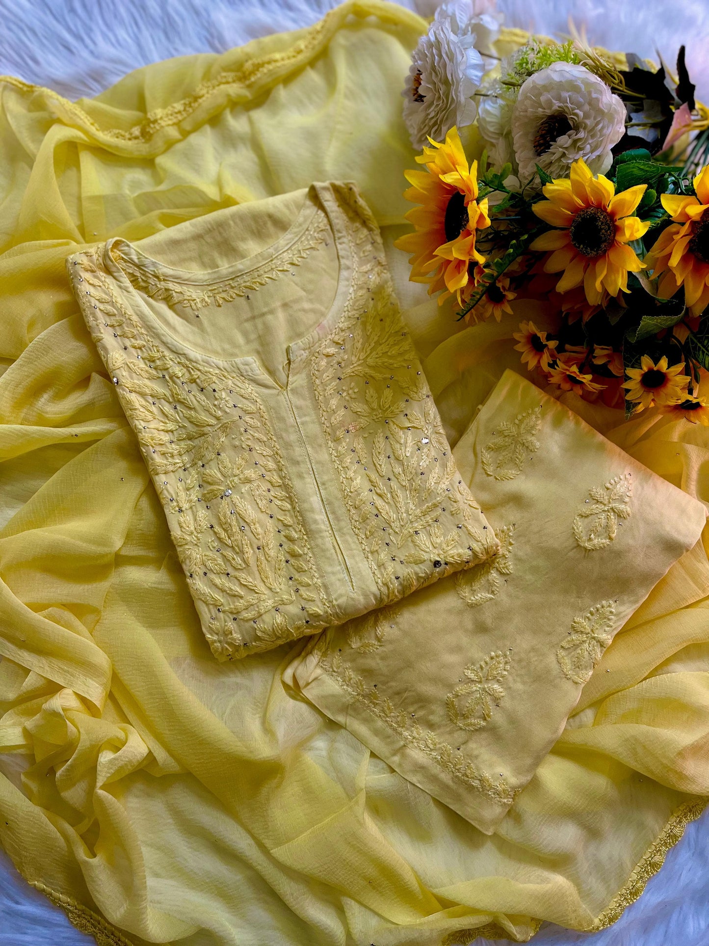 Yellow Iconic Mukaish Work Lucknow Chikankari 3-Piece Set