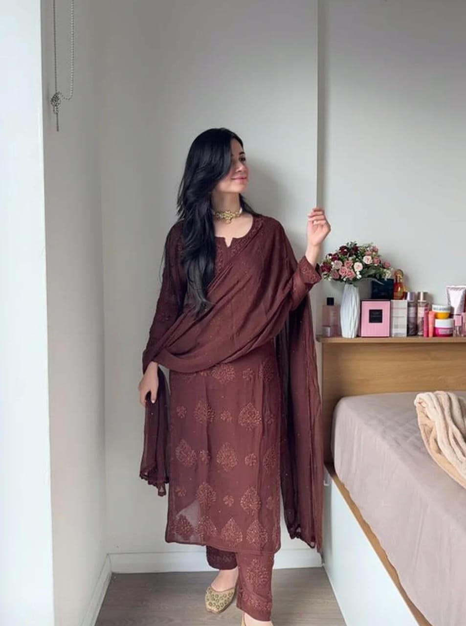 Party Wear Brown Viscose Chikankari Kurti Set with 3D Handwork Inner included