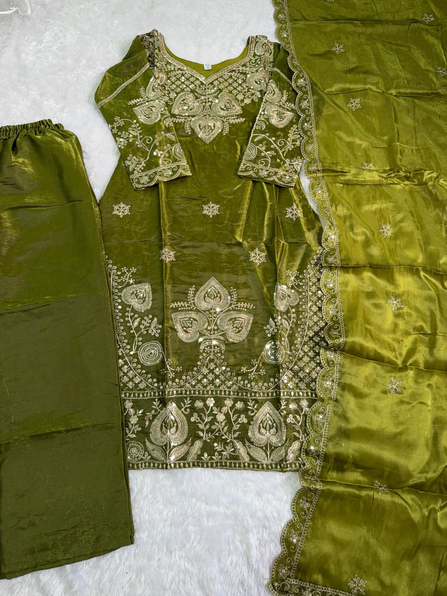 Elegant Olive Green Sequin Embroidered Silk Eid Special 3-Piece Set