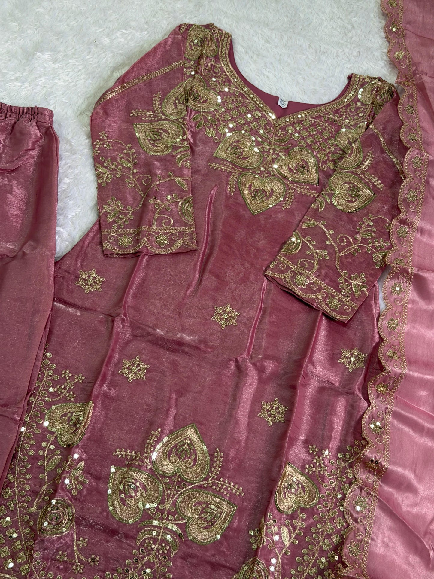 Elegant Dusty Pink Sequin Embroidered Silk Eid Special 3-Piece Set