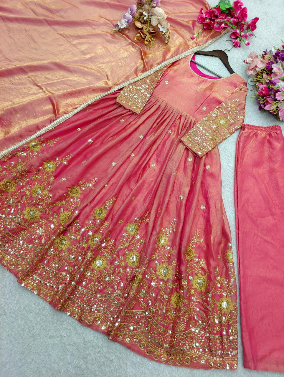 Peach Trending Silk Gown Set with Palazzo & Dupatta - Ready to Wear