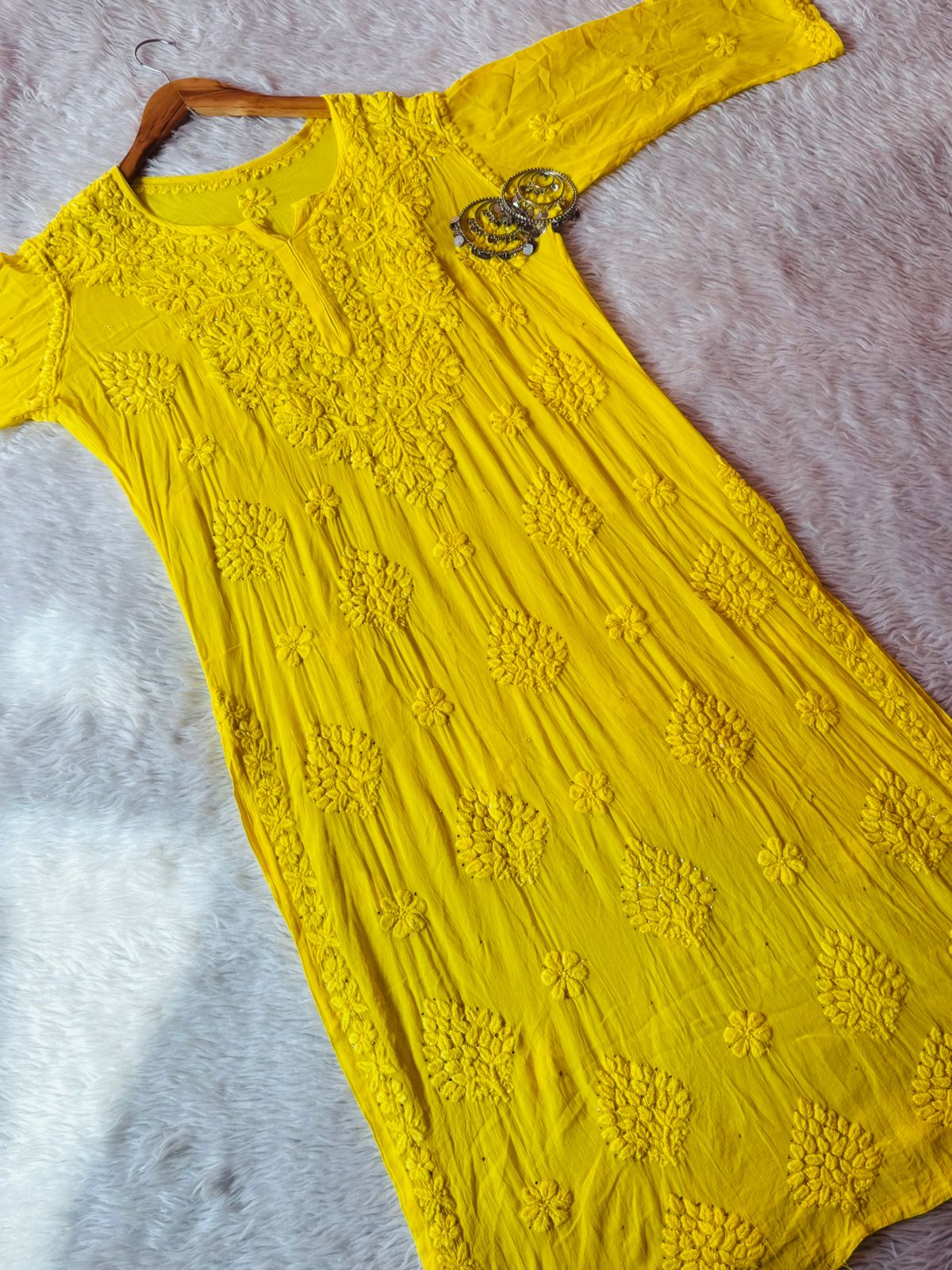 Party Wear Yellow Viscose Chikankari Mukaish work Kurti Set with 3D Handwork