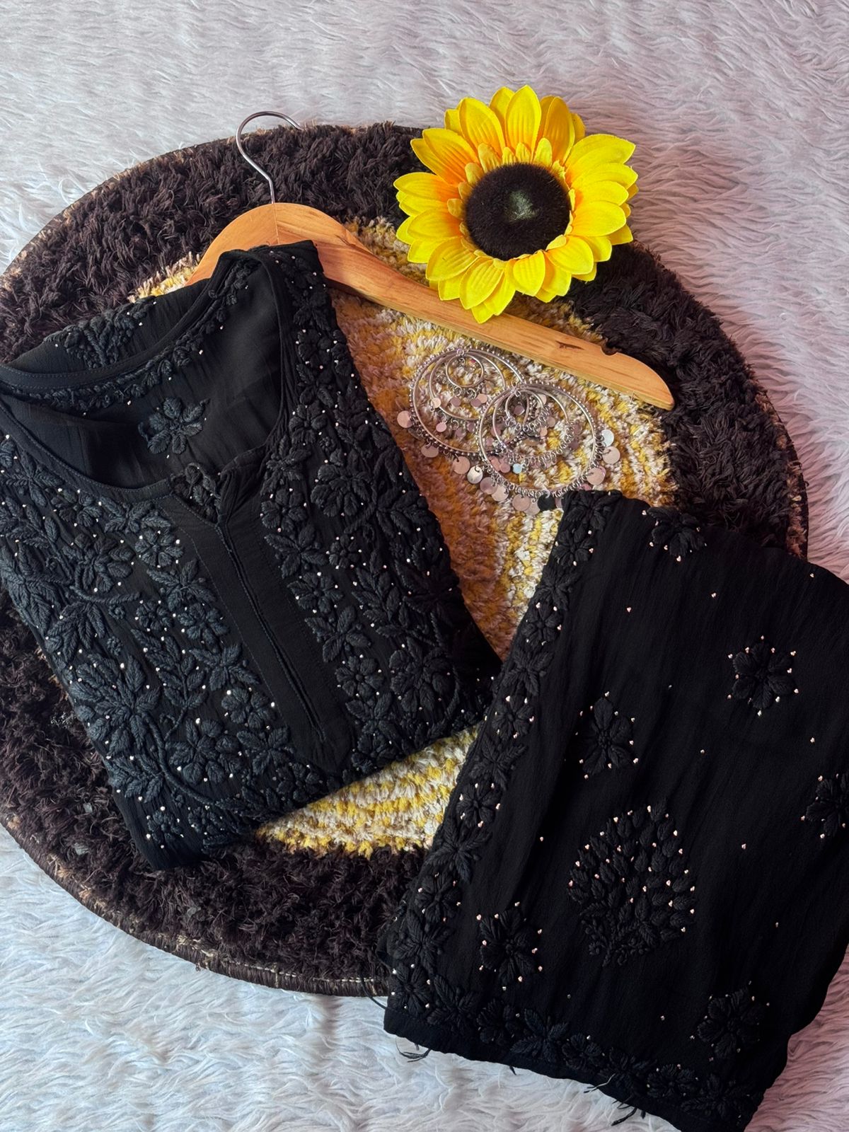 Party Wear Black Viscose Chikankari Mukaish work Kurti Set with 3D Handwork