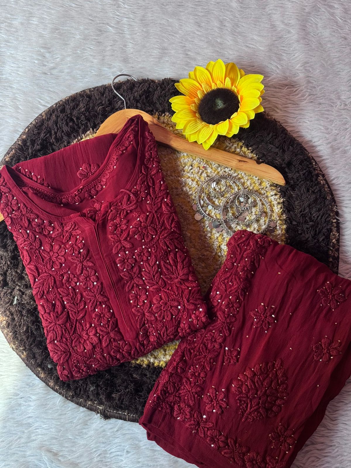 Party Wear Maroon Viscose Chikankari Mukaish work Kurti Set with 3D Handwork