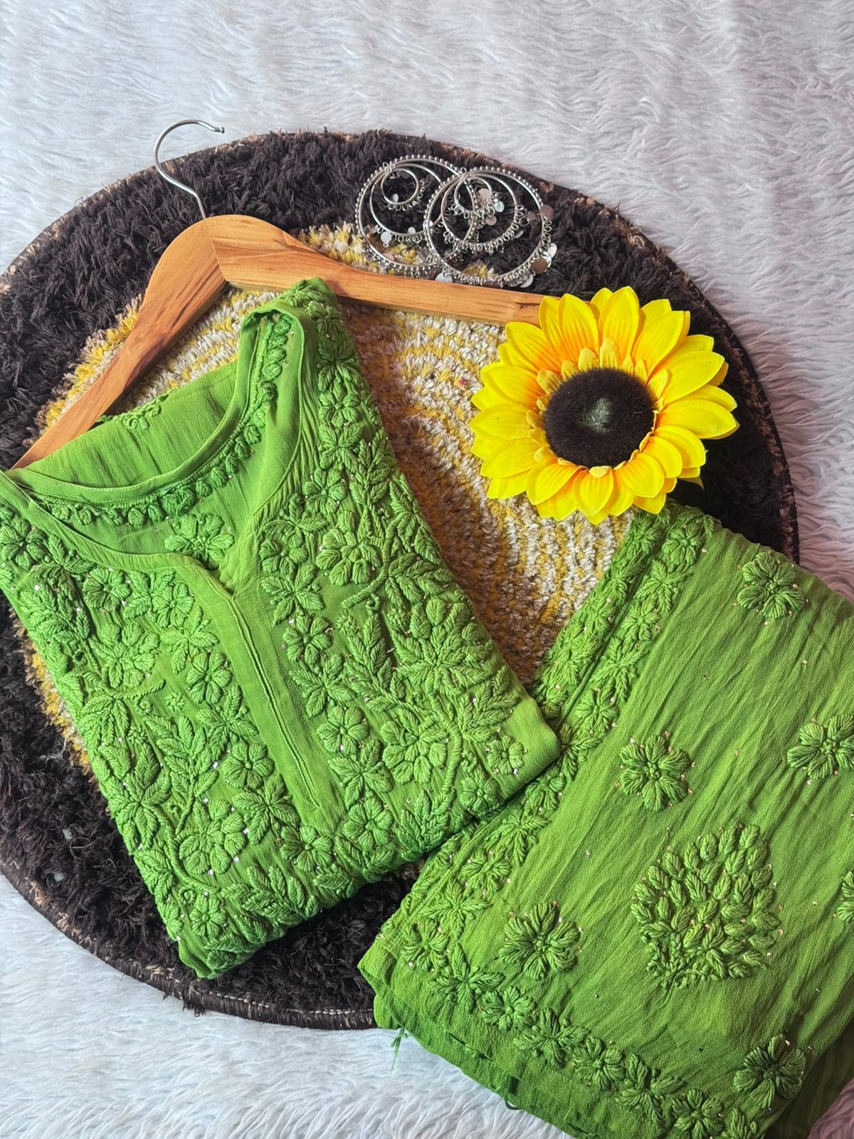 Party Wear Green Viscose Chikankari Mukaish work Kurti Set with 3D Handwork