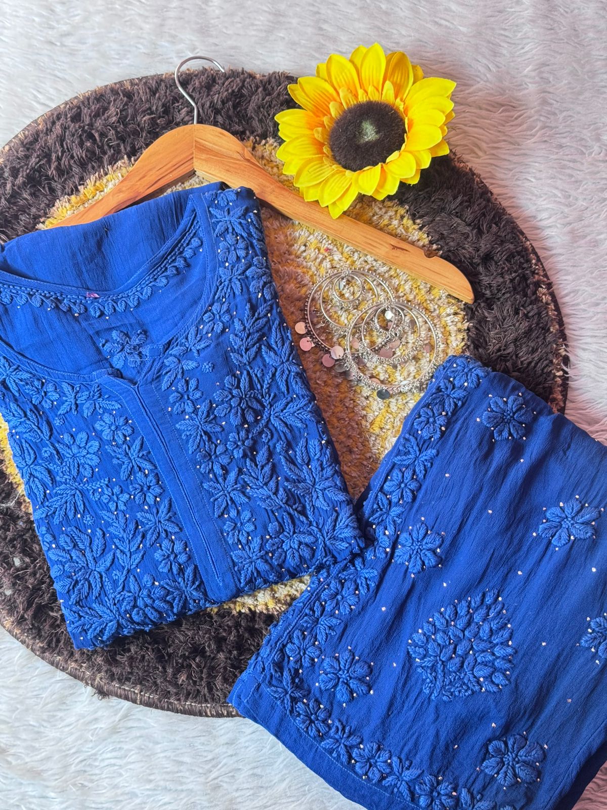 Party Wear Blue Viscose Chikankari Mukaish work Kurti Set with 3D Handwork