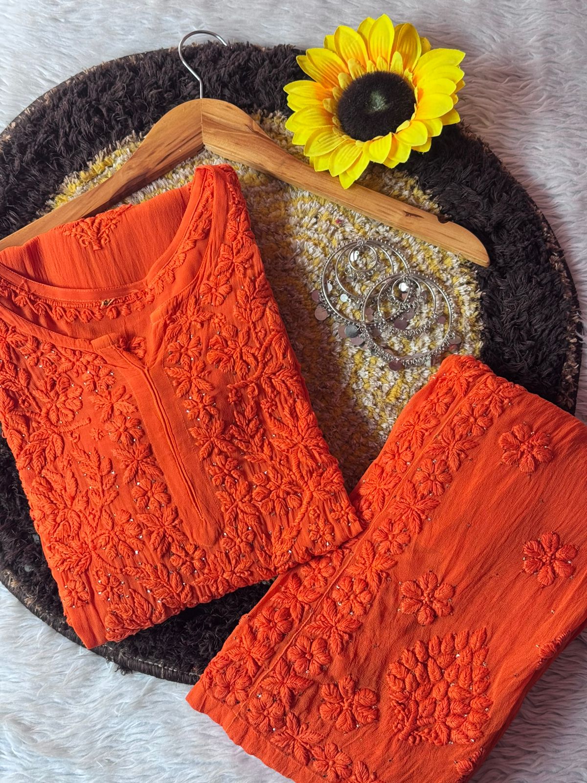 Party Wear Orange Viscose Chikankari Mukaish work Kurti Set with 3D Handwork Inner included