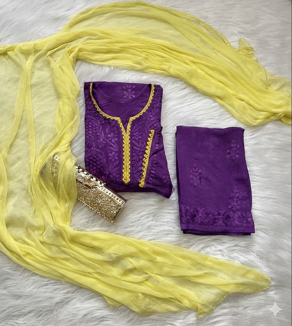 Grape Purple Ethereal Rayon Dyeable Kurti with Lemon Yellow border, Palazzo & Lemon Yellow Dupatta Set