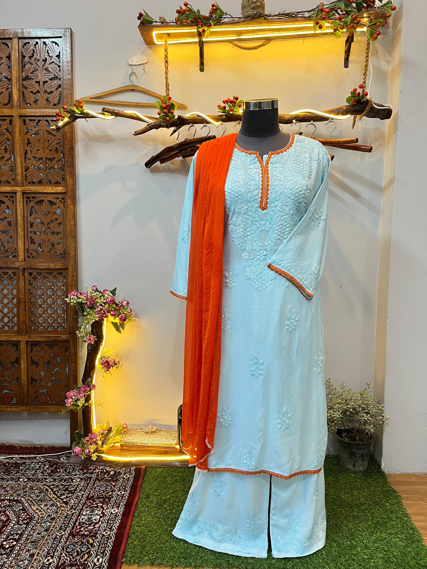 Sky Blue Ethereal Rayon Dyeable Kurti with Burnt Orange border, Palazzo & Burnt Orange Dupatta Set