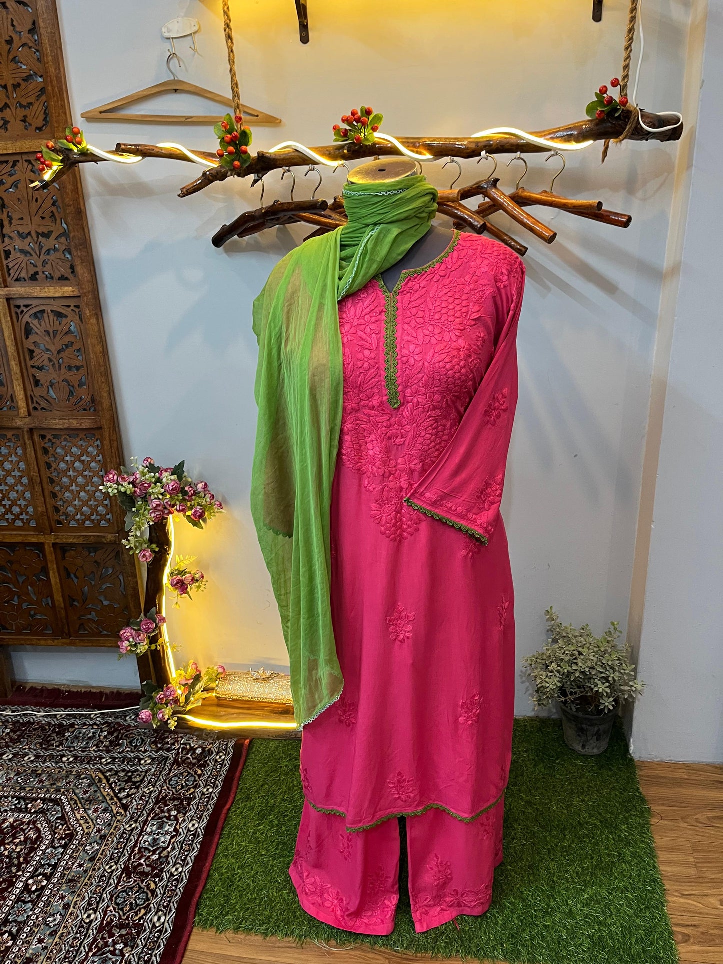 Rani pink Ethereal Rayon Dyeable Kurti with Moss Green border, Palazzo & Moss Green Dupatta Set