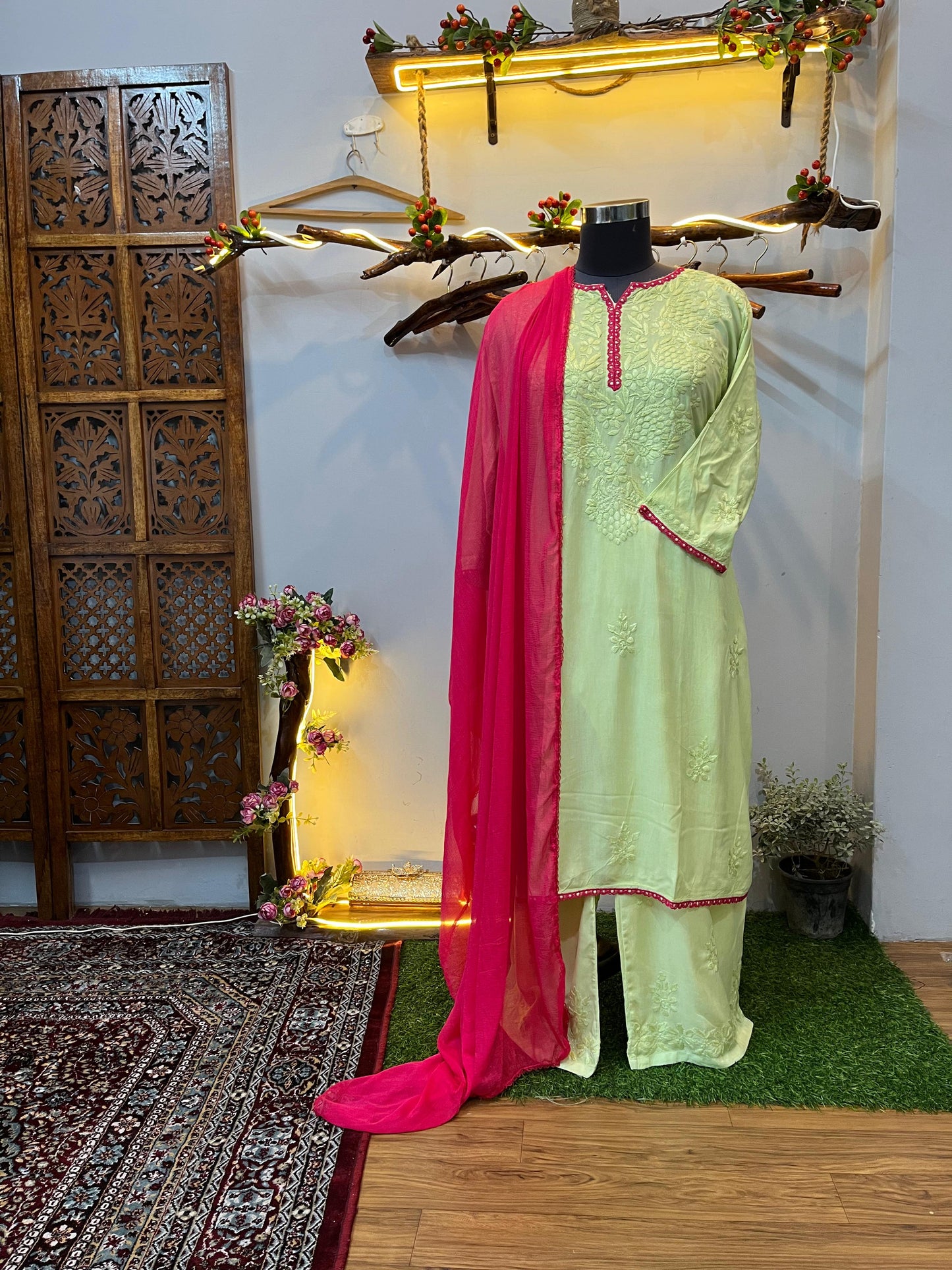 Pistachio green Ethereal Rayon Dyeable Kurti with Rani pink border, Palazzo & Rani Pink Dupatta Set