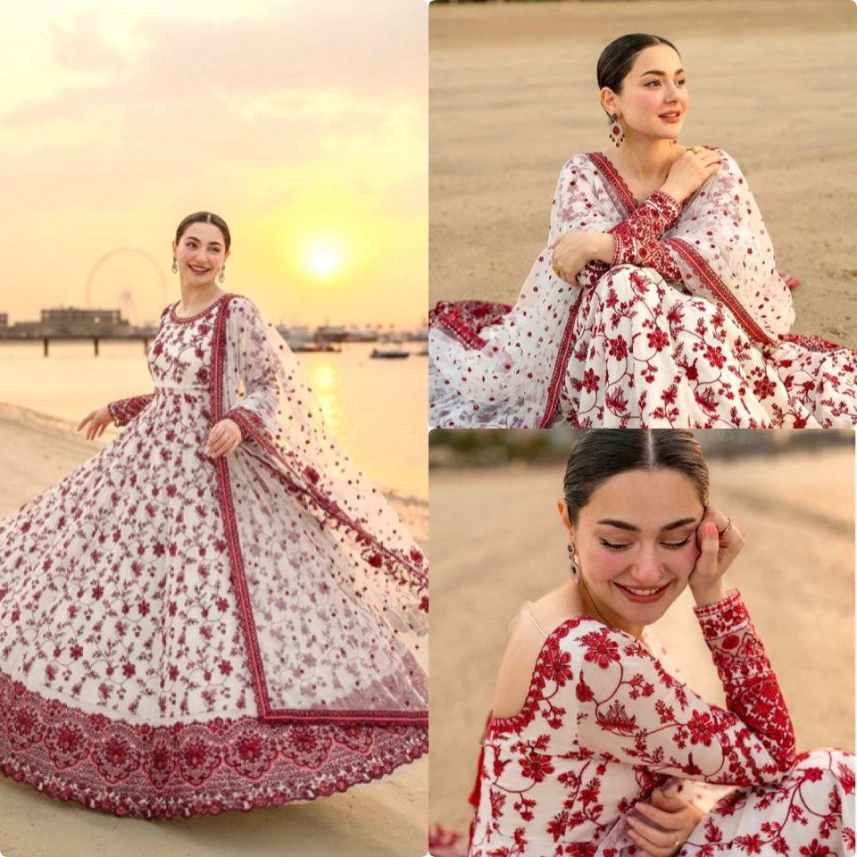 White Maroon Exquisite Georgette & Soft Organza Silk Embroidered Gown Set