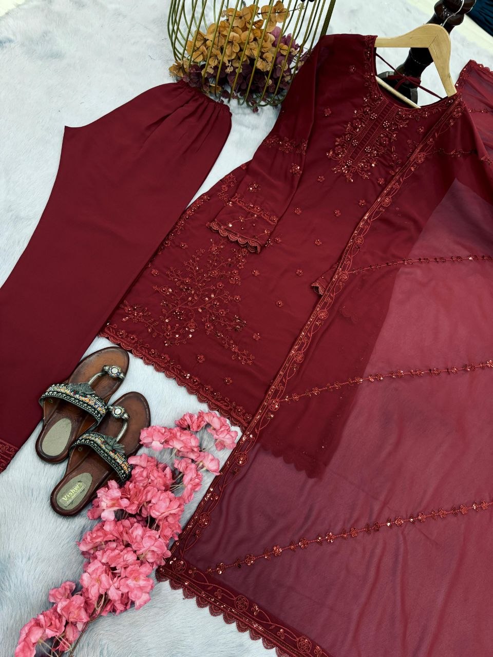 Rich wine maroon Designer Heavy Faux Georgette Embroidered Palazzo Suit Set with Dupatta