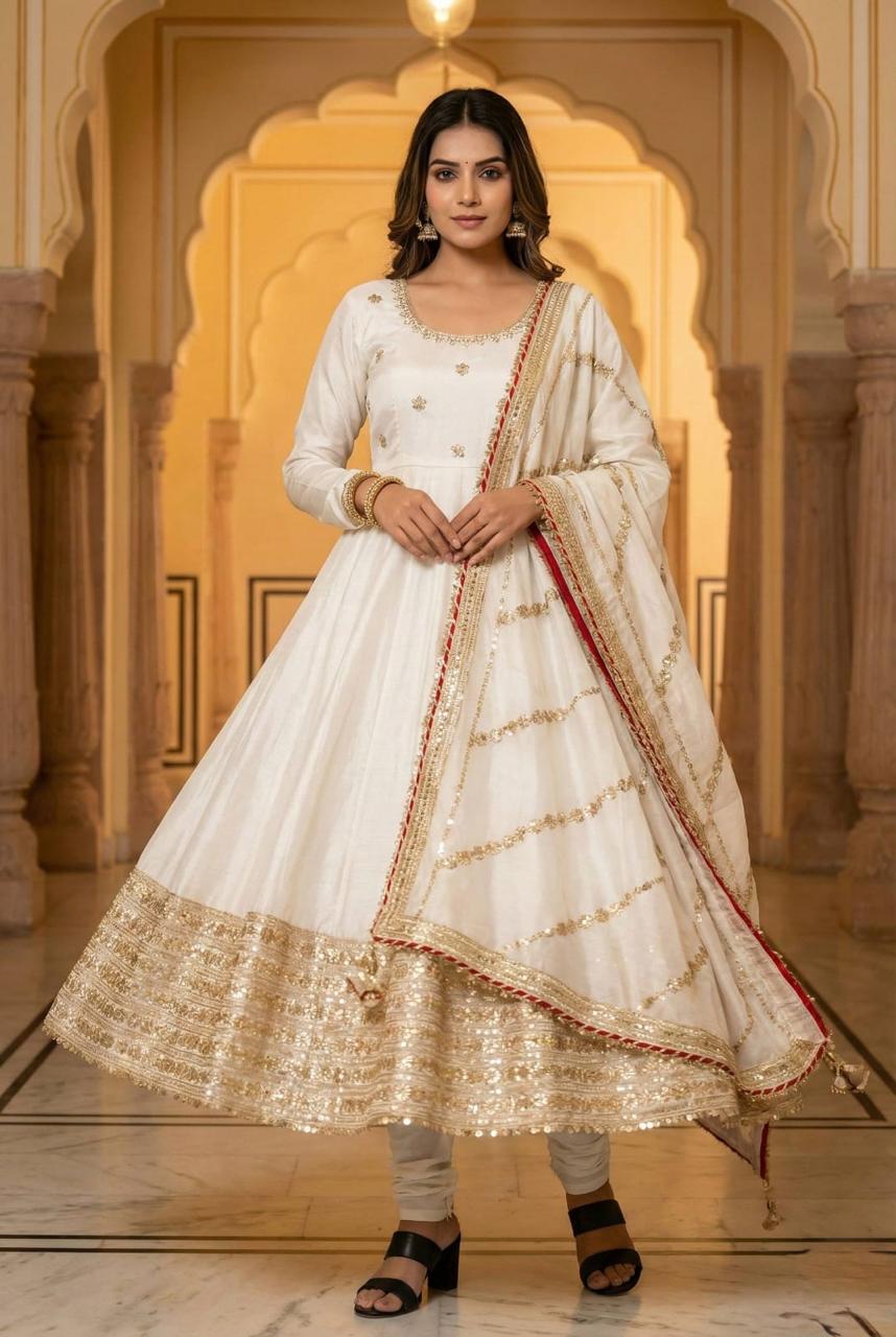White Regal Midnight Sequin & Zari Embroidered Chinon Silk Anarkali Set