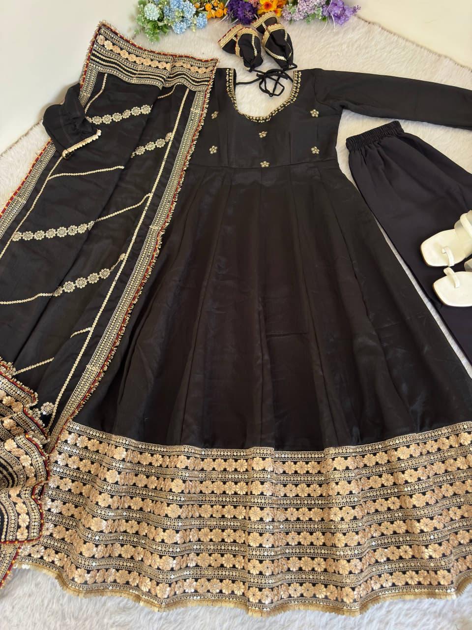 Black Regal Midnight Sequin & Zari Embroidered Chinon Silk Anarkali Set