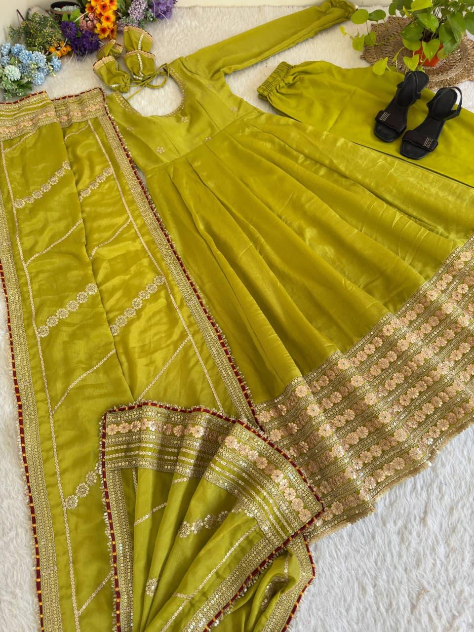 Olive Green Regal Midnight Sequin & Zari Embroidered Chinon Silk Anarkali Set
