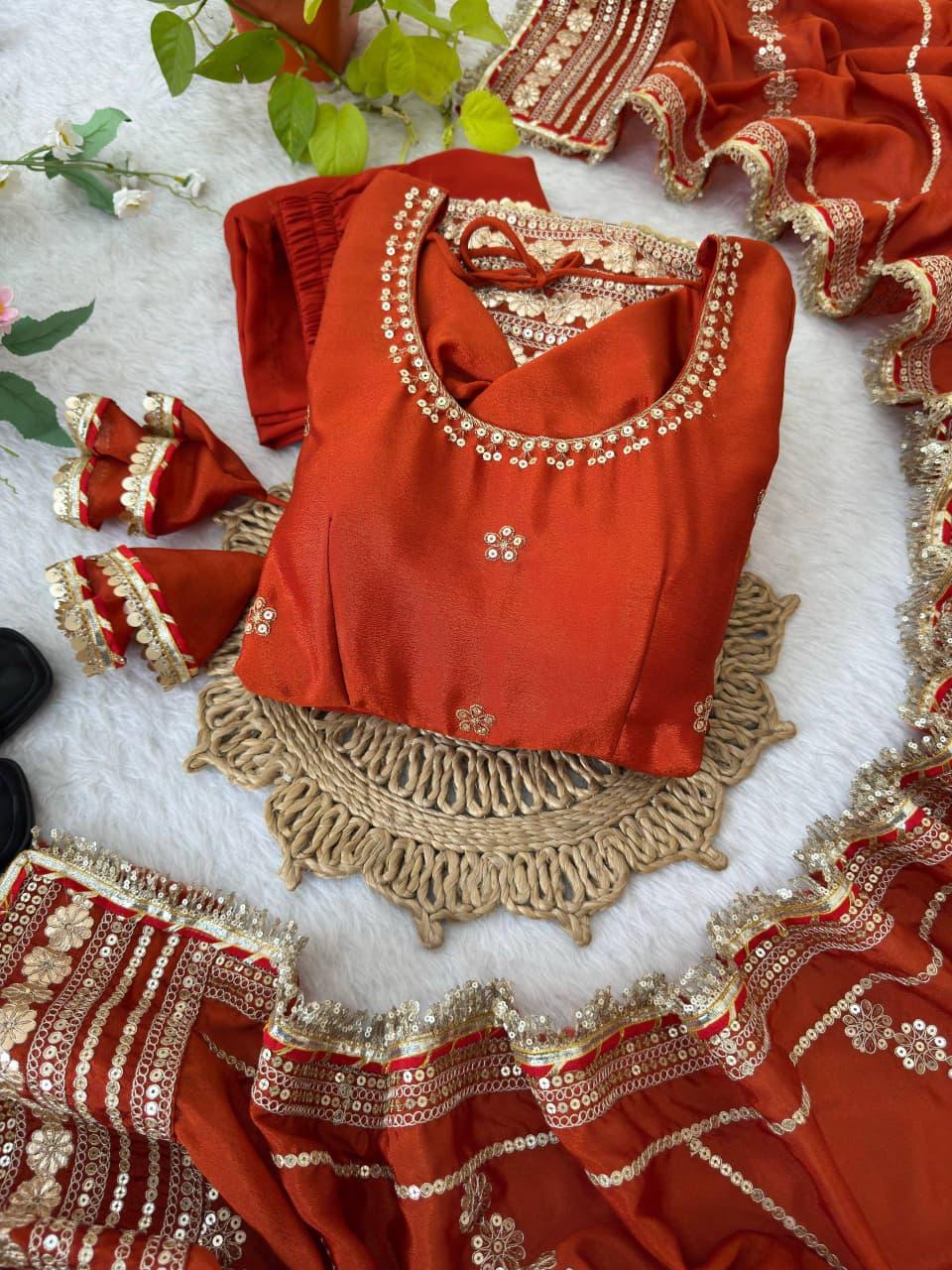 Burnt Orange Regal Midnight Sequin & Zari Embroidered Chinon Silk Anarkali Set