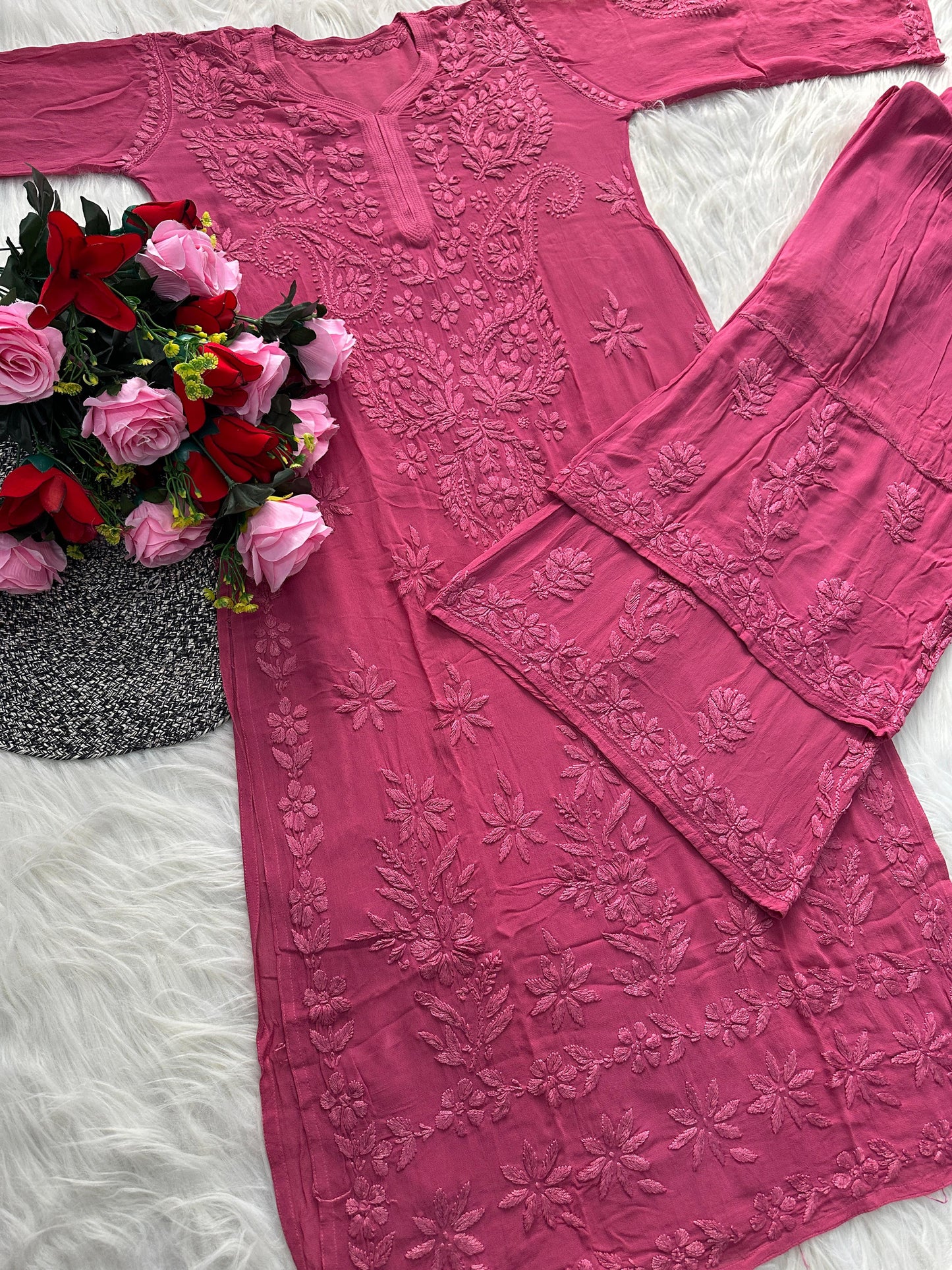 Dusty Pink Premium Lucknawi Chikankari Handwork Viscose Kurti & Palazzo Set