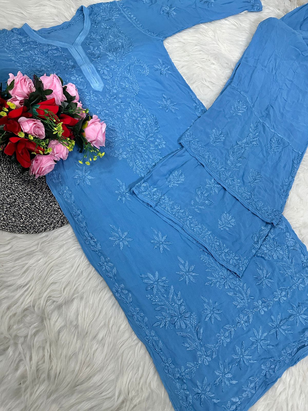 Blue Premium Lucknawi Chikankari Handwork Viscose Kurti & Palazzo Set