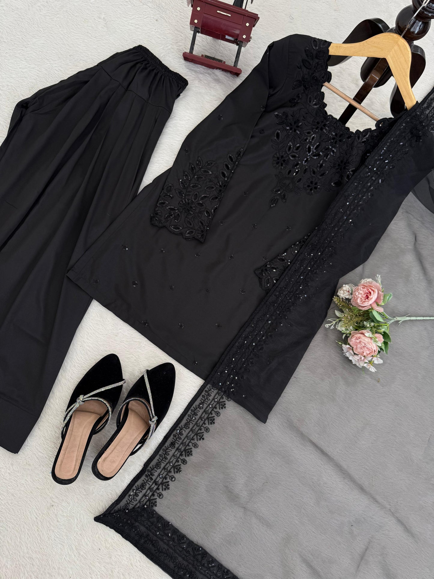 Black Natural Crepe Farshi Salwar Suit Set with Organza Silk Dupatta