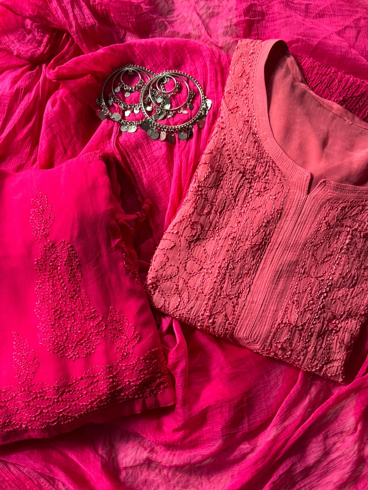 Fuchsia Pink Elegant Viscose Lucknow Chikankari Handwork Ensemble (New)