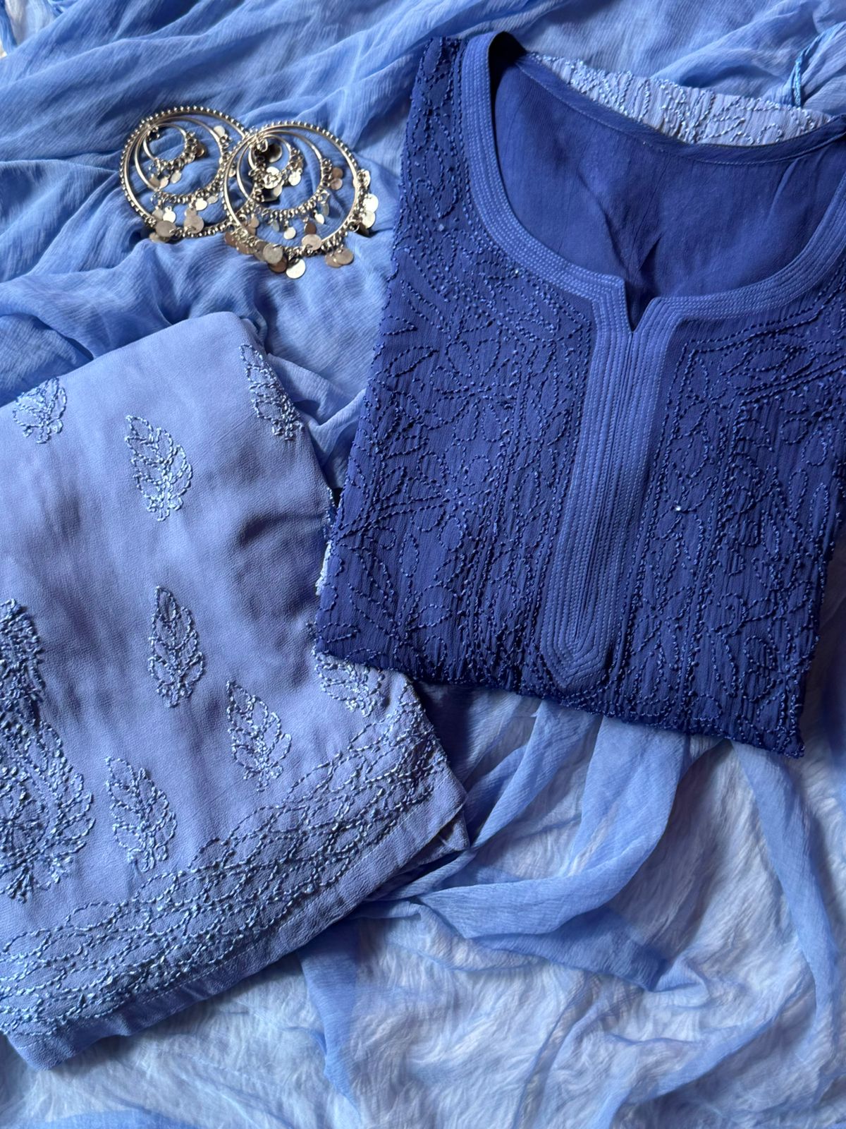 Dusty Blue Elegant Viscose Lucknow Chikankari Handwork Ensemble (New)