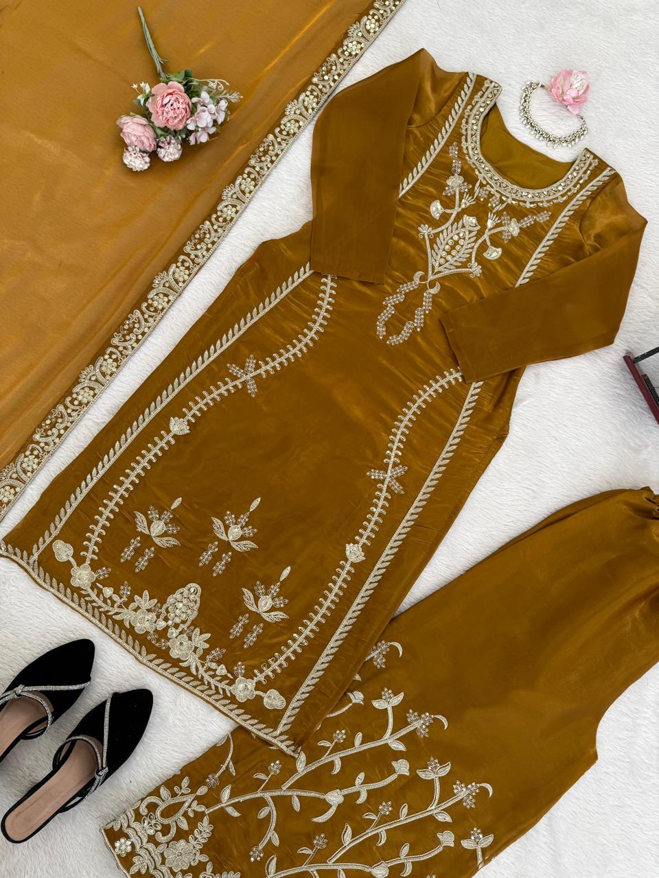 Mustrad Silk Designer Silk Palazzo Set with Dupatta