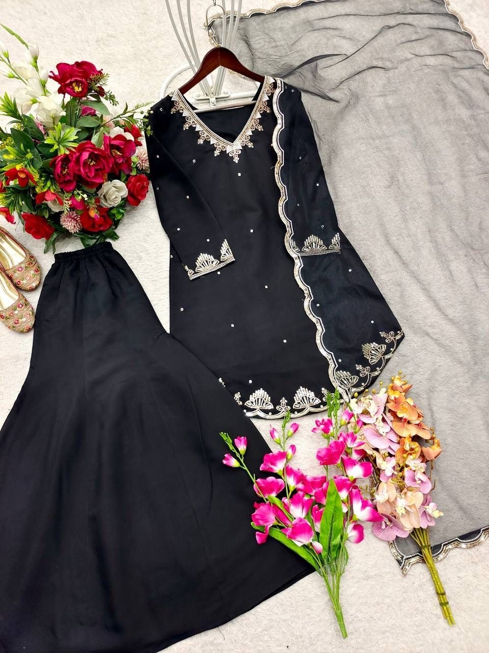 Black Roman Silk Sharara Suit Set (New)