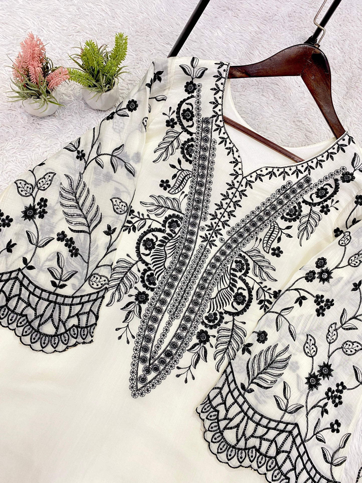 White Eid Special Sequins Embroidered Mal Cotton Top Palazzo Set with Organza Dupatta