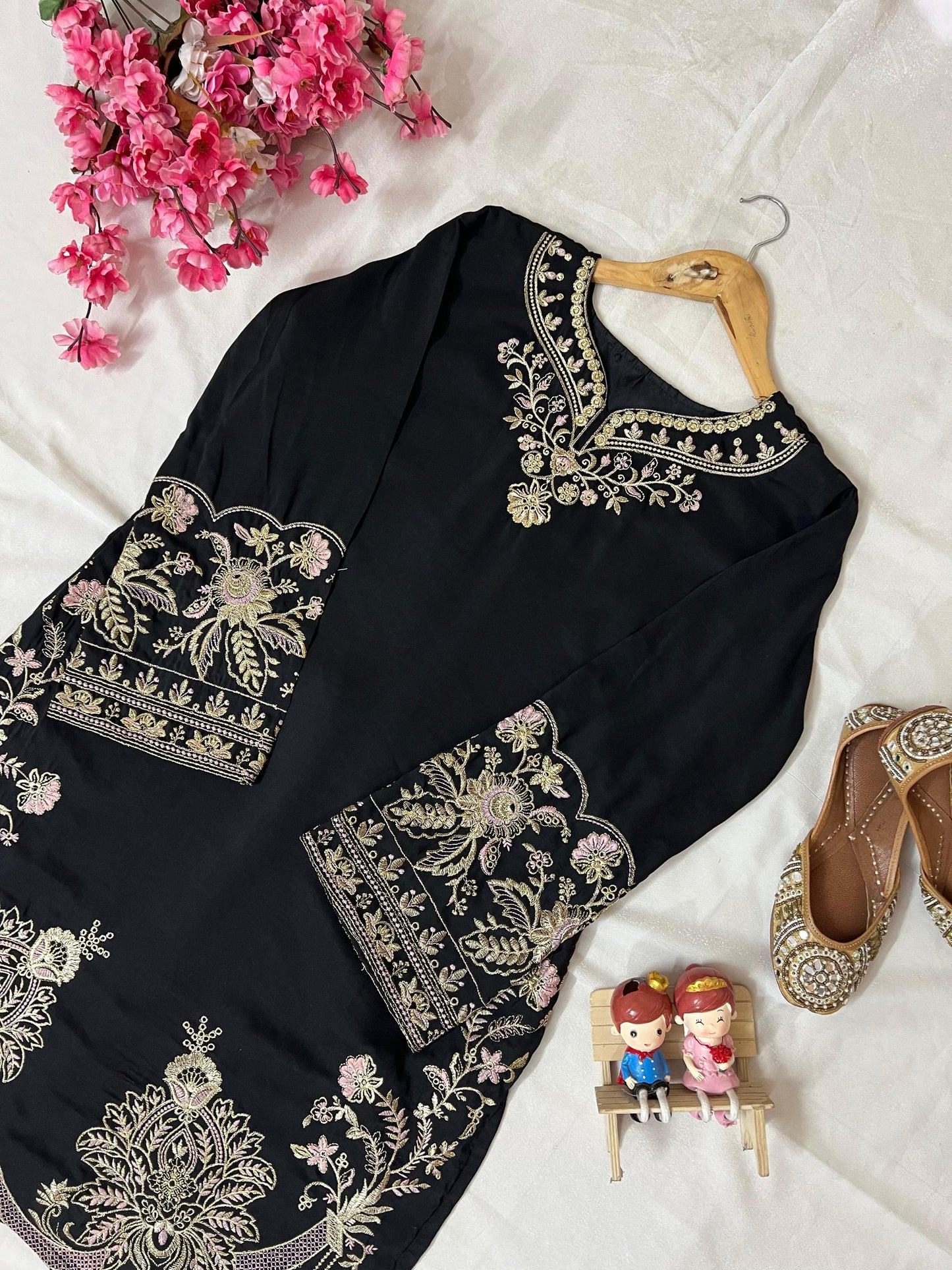 Elegant Black Embroidered Muslin Cotton Co-ord Set