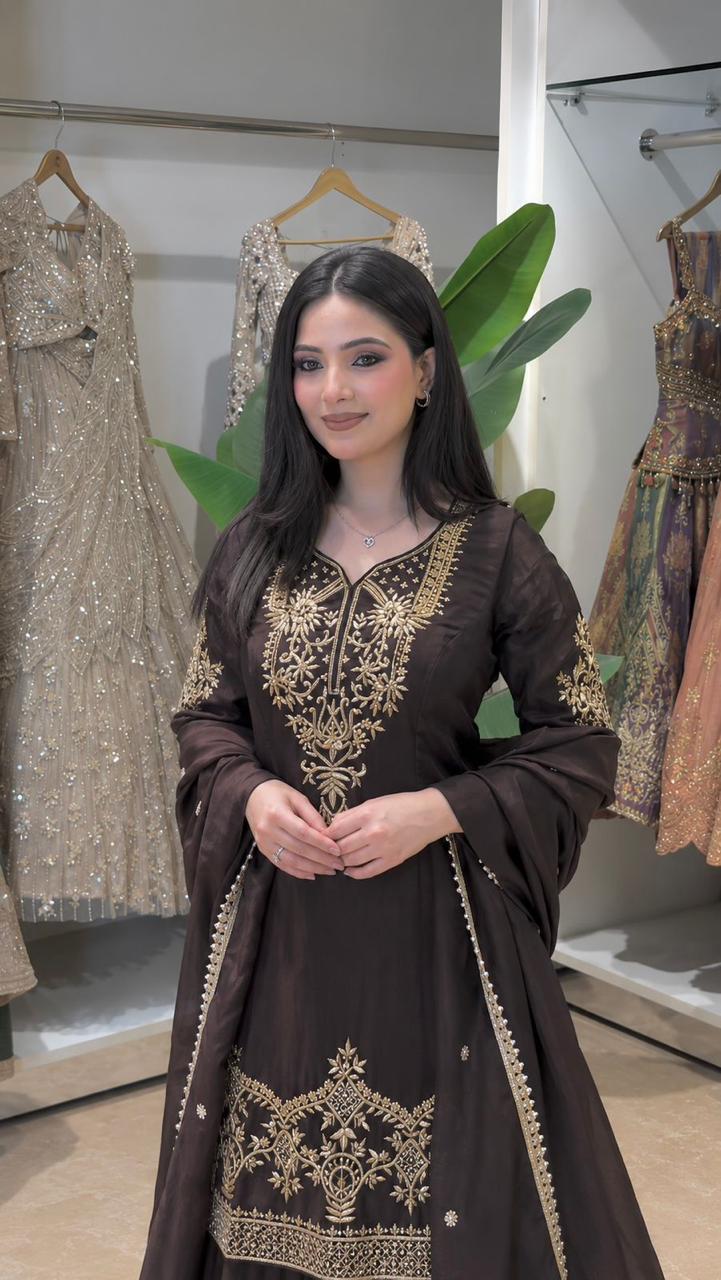 Chocolate Brown Embroidered Natural Crepe Silk Palazzo Set