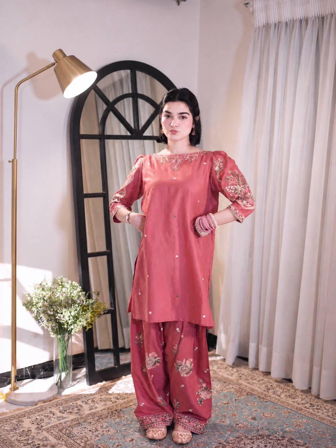 Dusty Pink Farshi Roman Silk Co-ord Set
