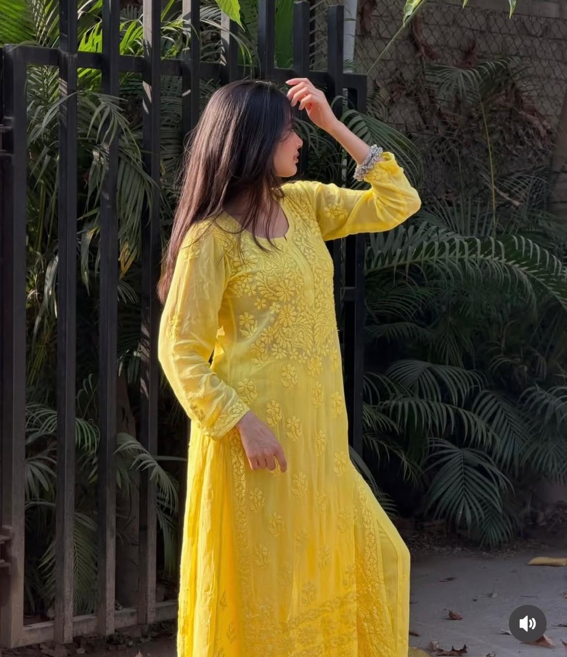 Party Wear Yellow Viscose Chikankari Kurti Set with 3D Handwork Inner included
