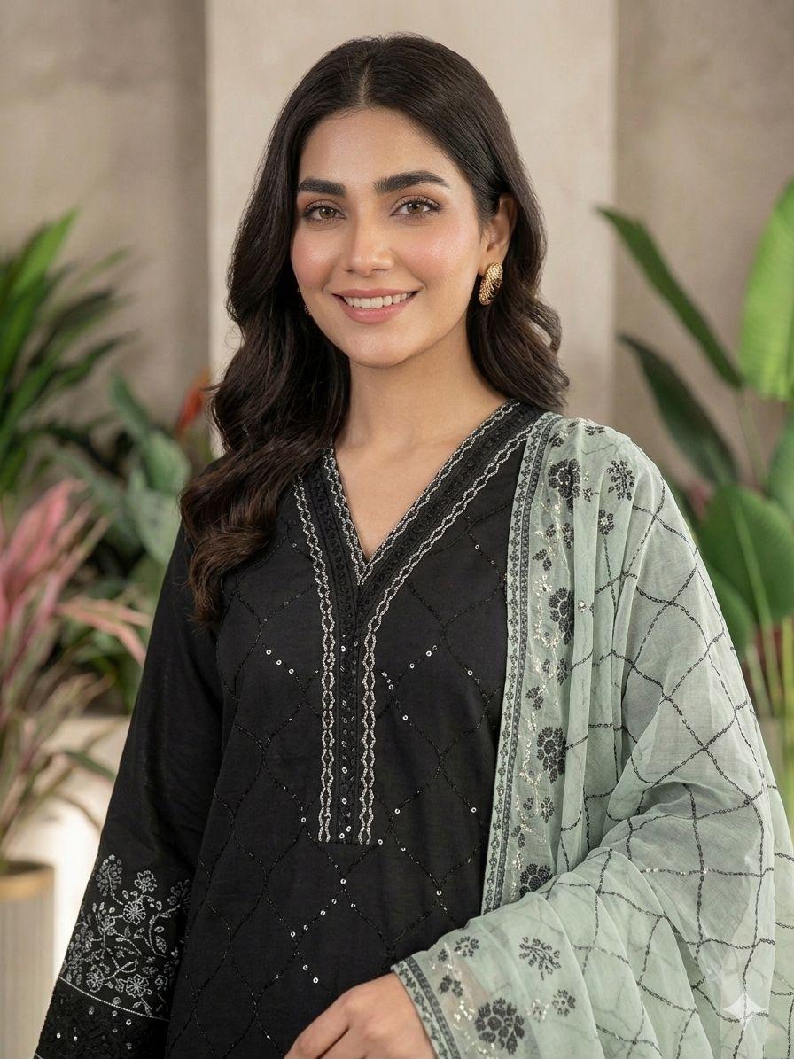 Black Sequence Embroidered Roman Silk Top, Palazzo & Mint Green Dupatta Set