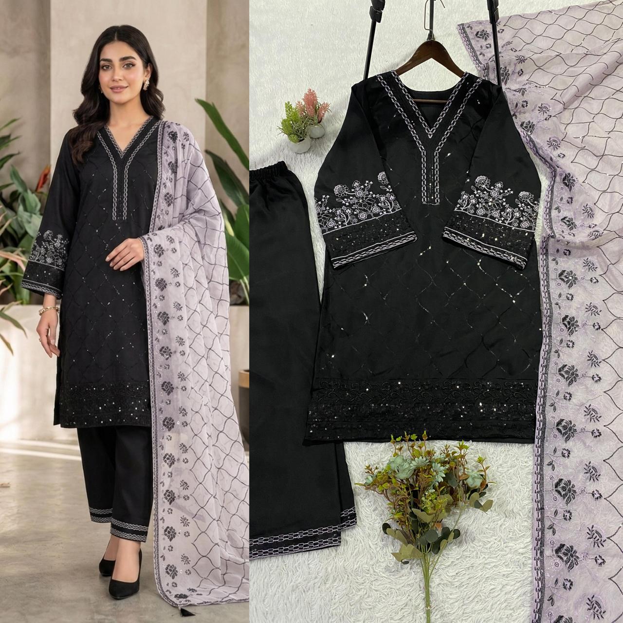 Black Sequence Embroidered Roman Silk Top, Palazzo & Lavendar Dupatta Set