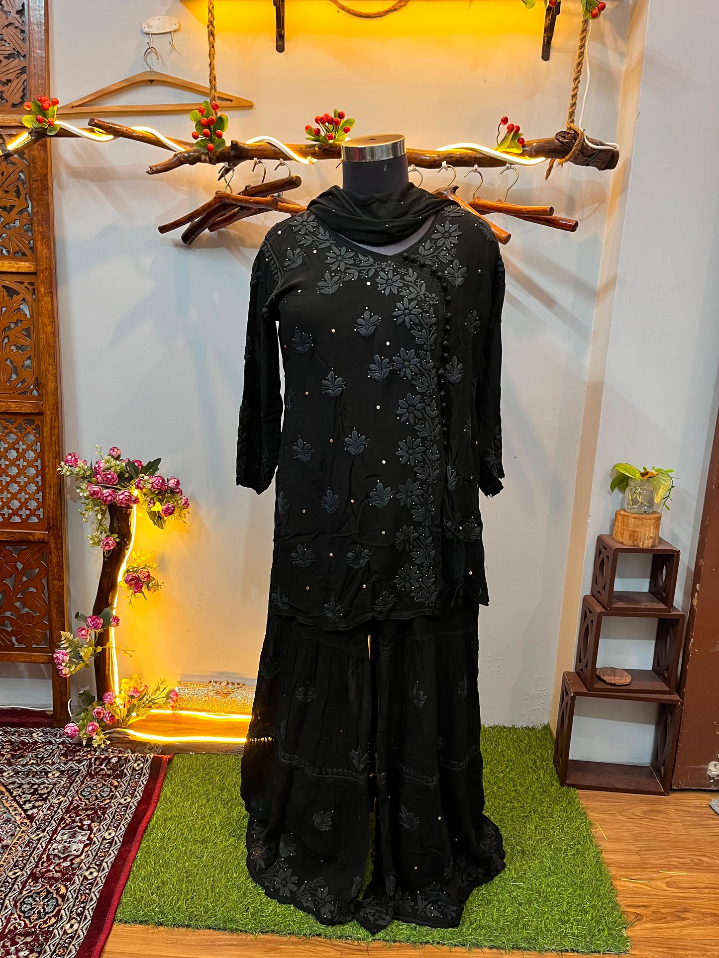 Classic Black Premium Viscose Gharara Set with Short Kurti, Palazzo & Dupatta (Plus Sizes)