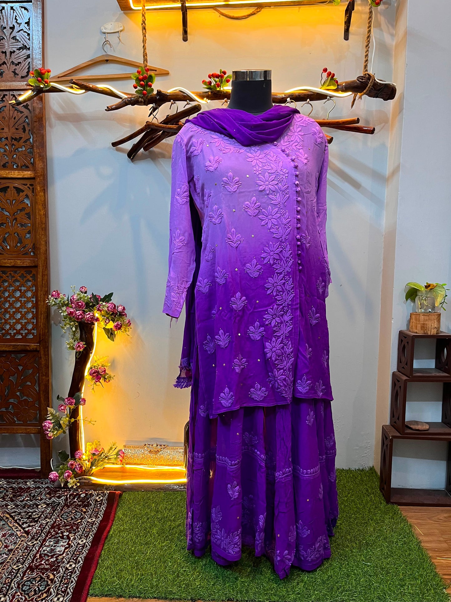 Purple Ombre Premium Viscose Gharara Set with Short Kurti, Palazzo & Dupatta (Plus Sizes)