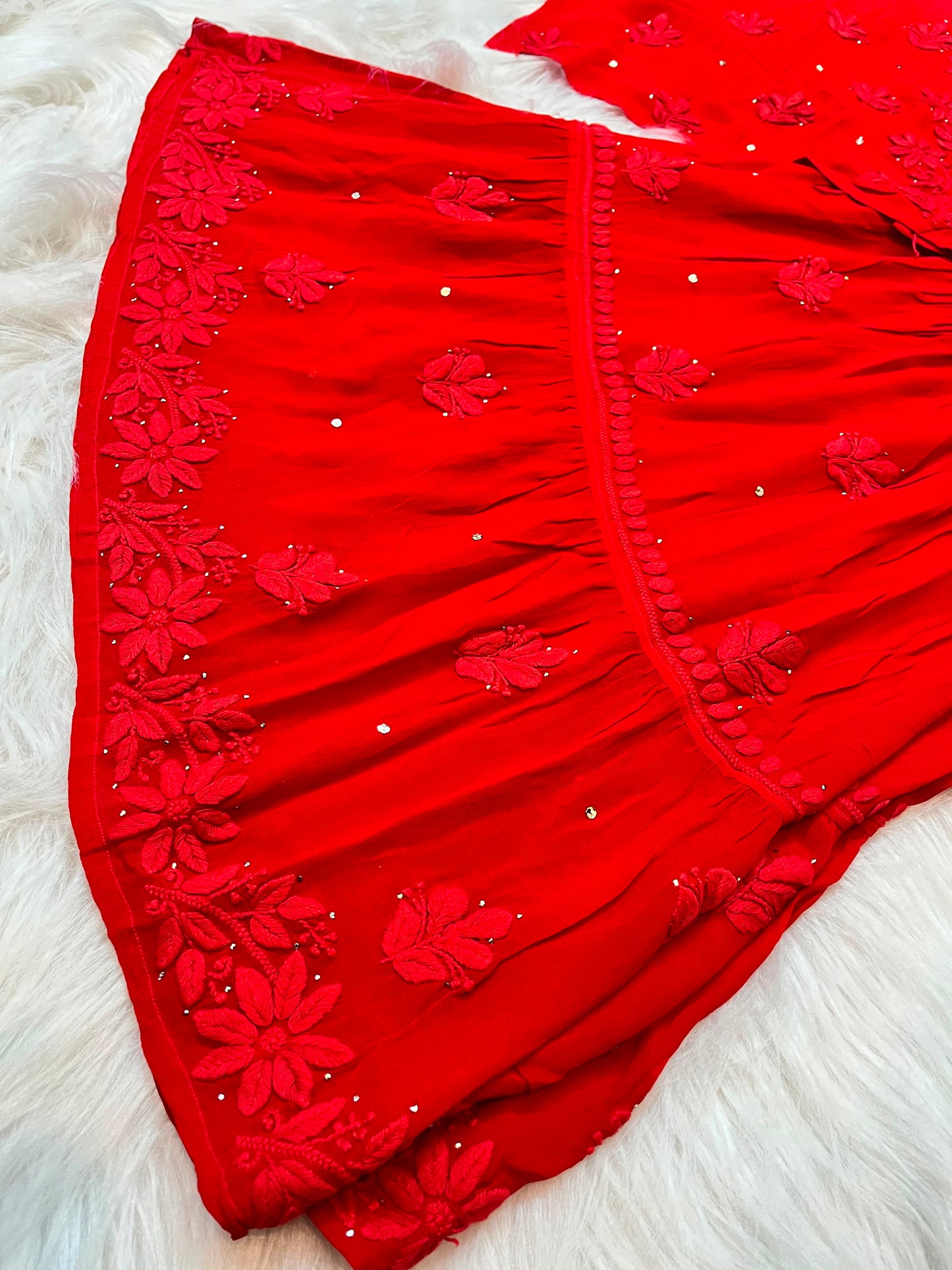 Red Ombre Premium Viscose Gharara Set with Short Kurti, Palazzo & Dupatta (Plus Sizes)