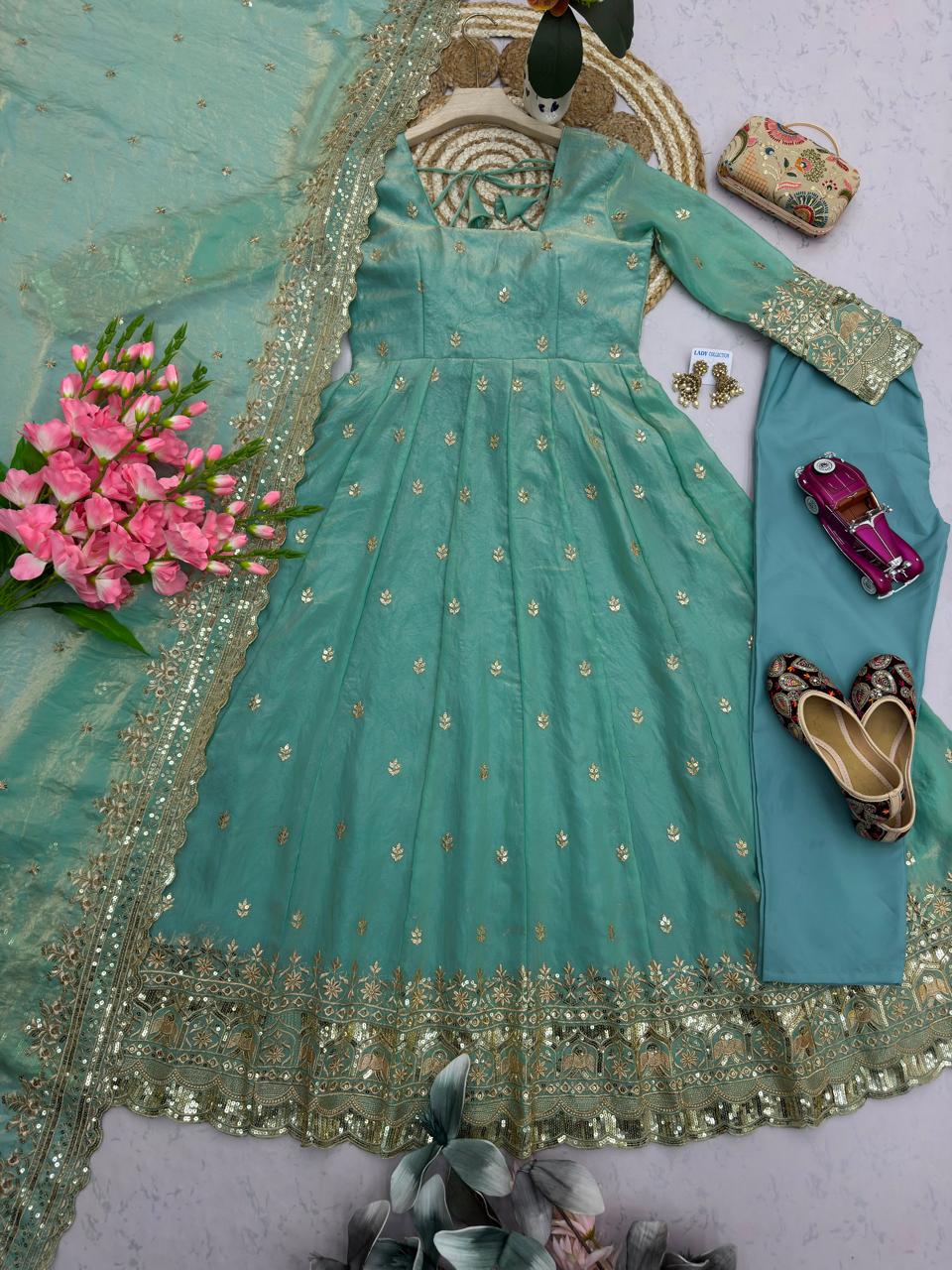 Turquoise Embroidered Sequins Fandy Silk Anarkali Gown Set with Dupatta