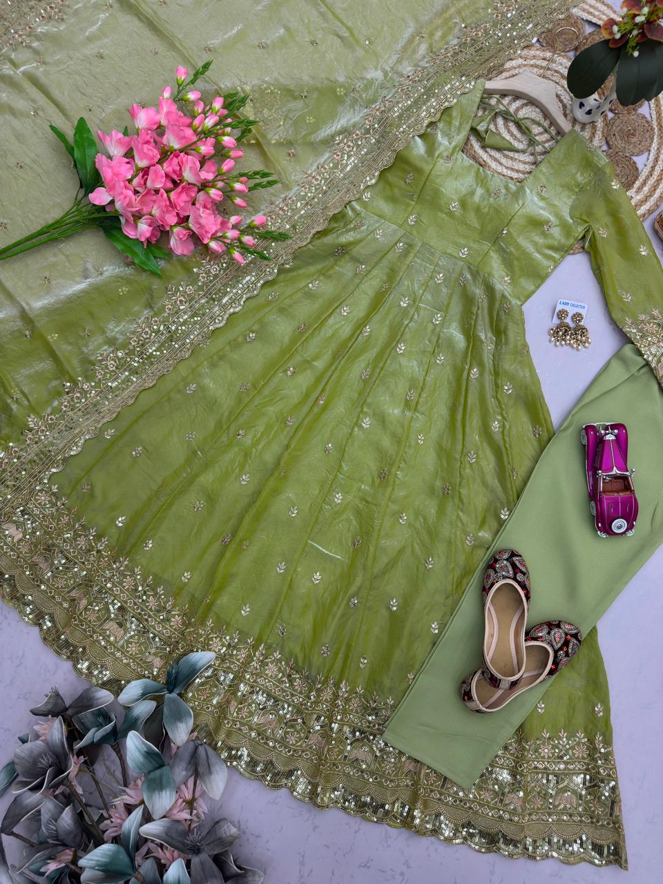 Pistachio Green Embroidered Sequins Fandy Silk Anarkali Gown Set with Dupatta