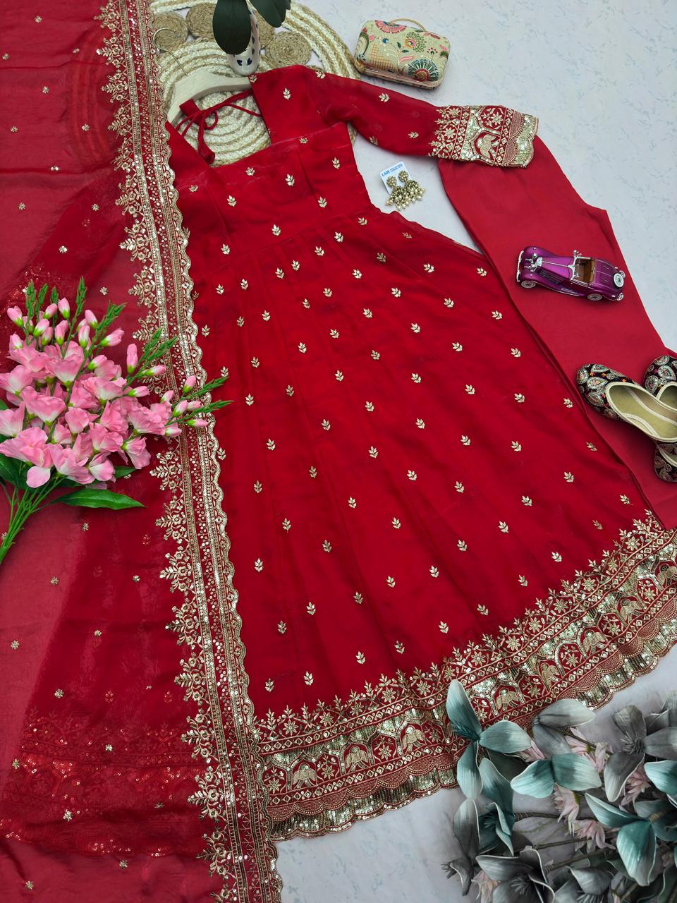Red Embroidered Sequins Fandy Silk Anarkali Gown Set with Dupatta