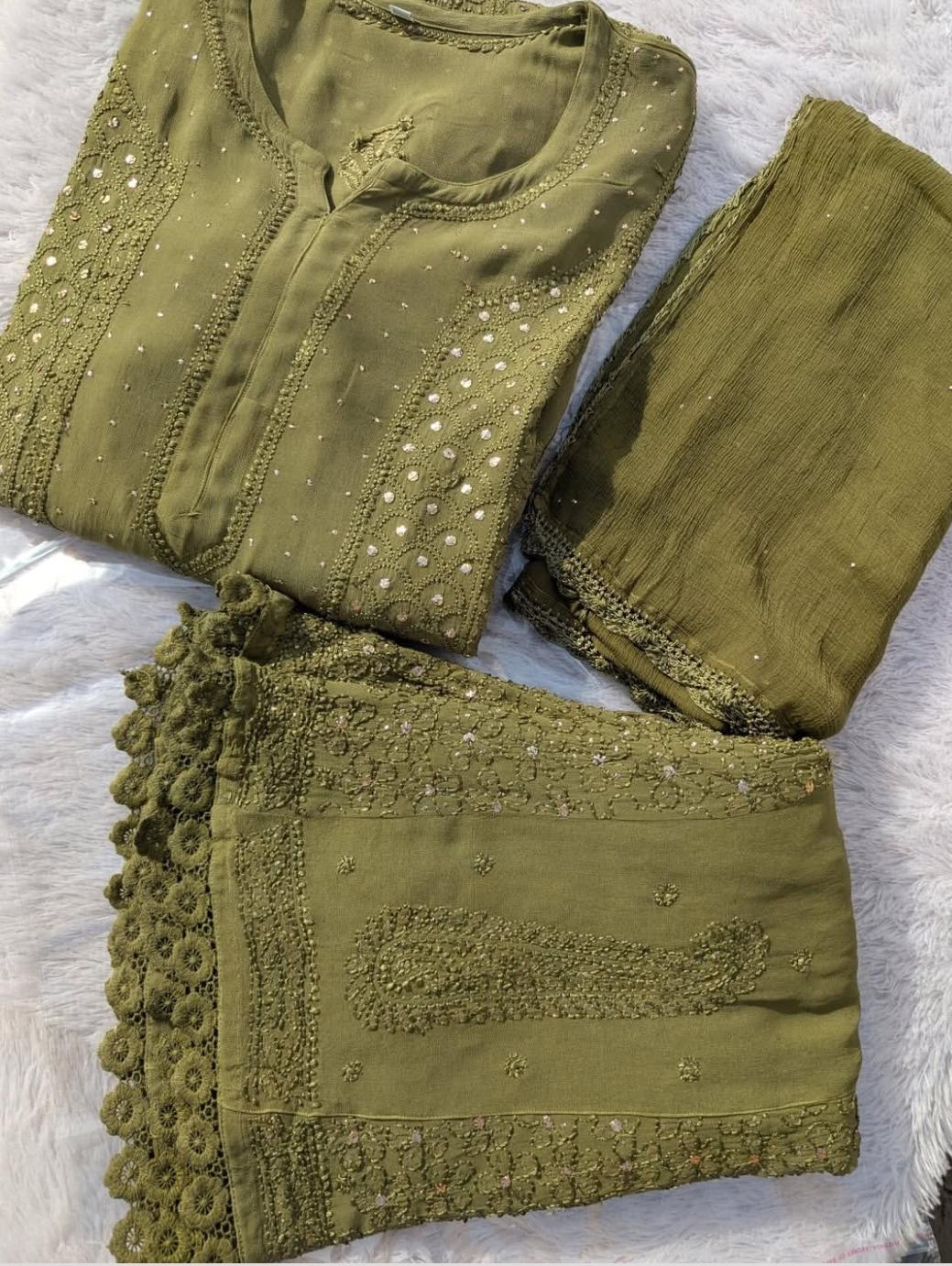 Pure Viscose Olive Green Full Jaal Mukaish Kurta Set (NEW)