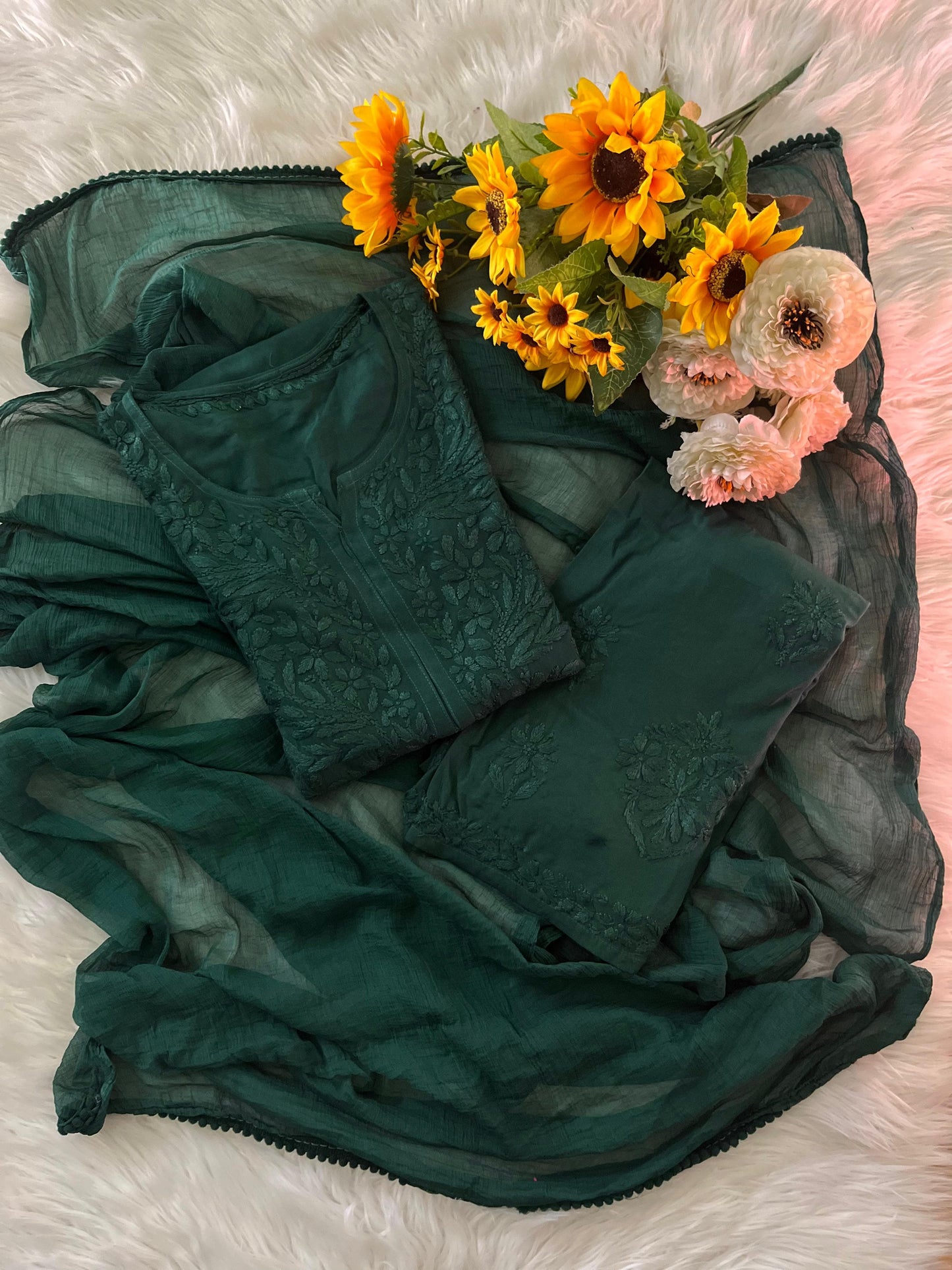 Dark Green Ethereal Dyeable Chikankari Kurta Set (Latest)